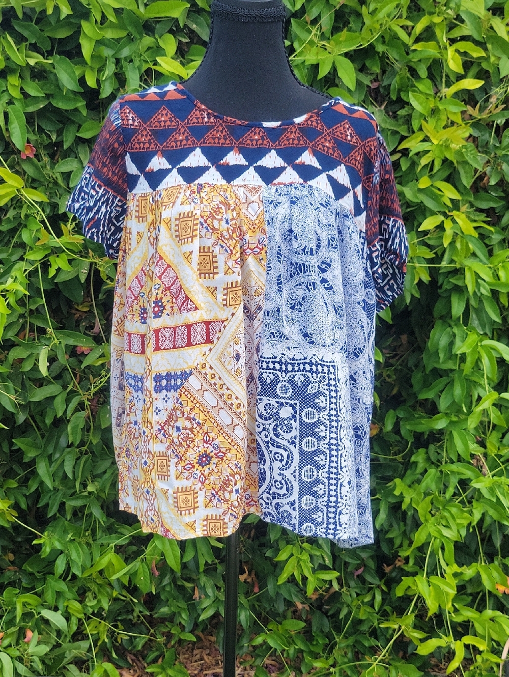 Geometric and Paisley Multicolor Patchwork Boho Babydoll Short Sleeve Blouse L